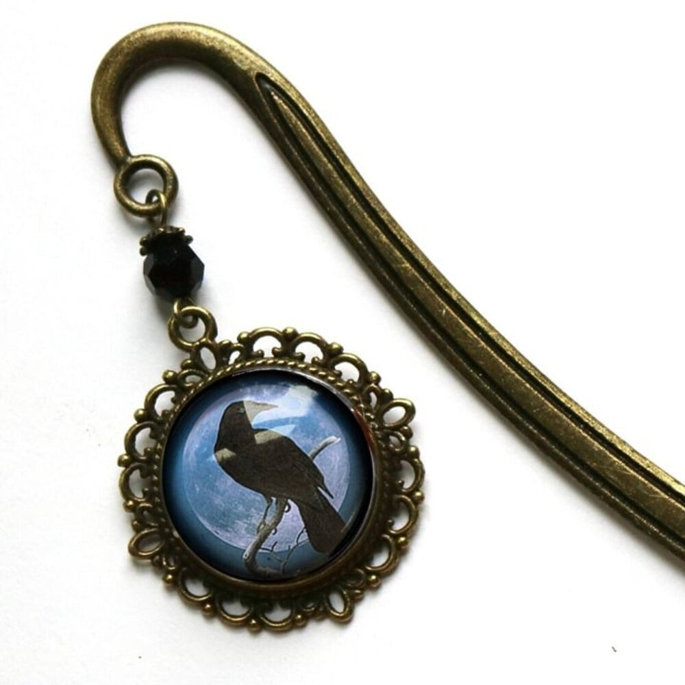 Raven Bookmark - Antique Bronze Glass Cabochon - Vintage Crow‎ Book Hook